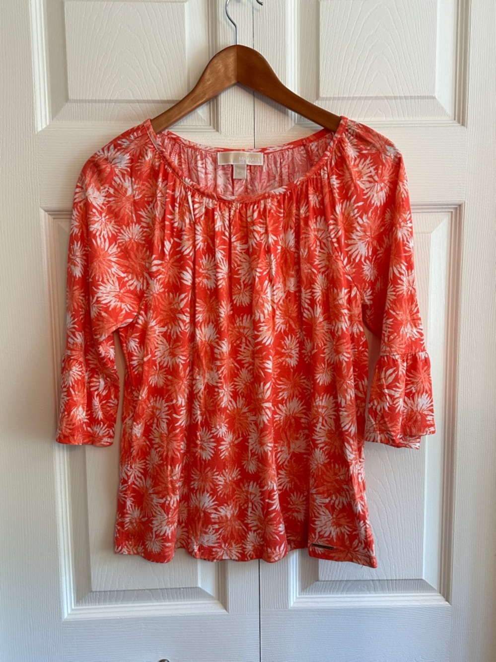 Michael Kors Coral and White Printed Scoop Neck Top